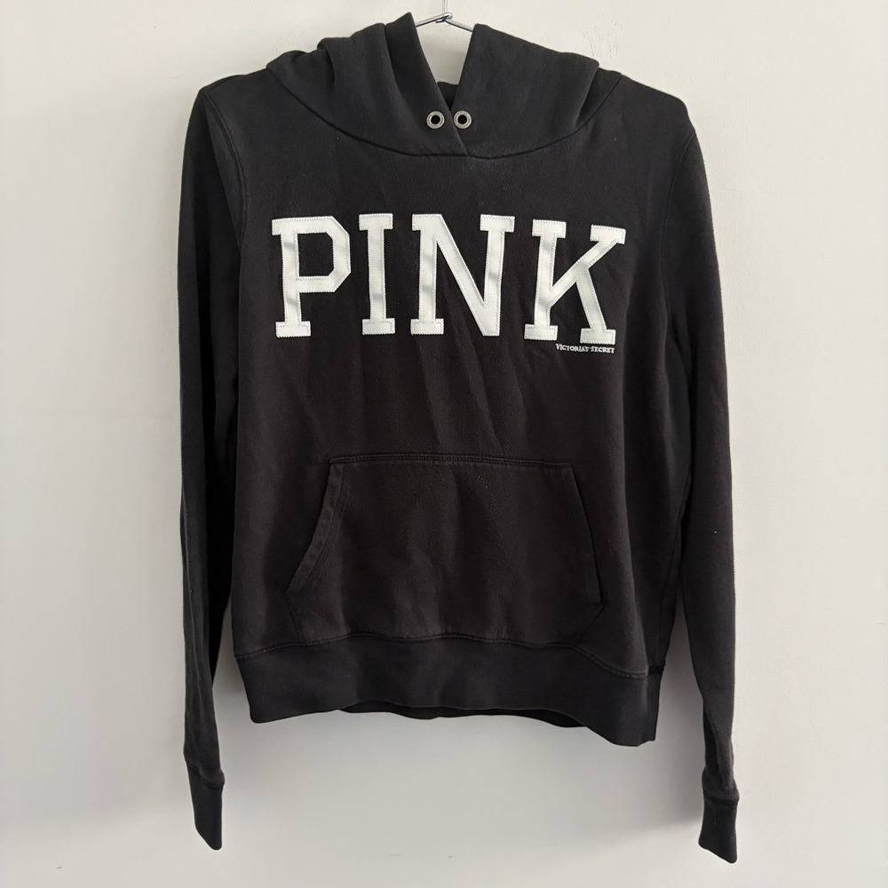 Victoria's Secret PINK Hoodie‎ Black White Applique Logo Pullover Sweatshirt L